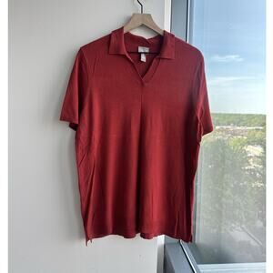 Chico's Red Solid Knit Collared Short Sleeve Pullover Sweater Women's 3
